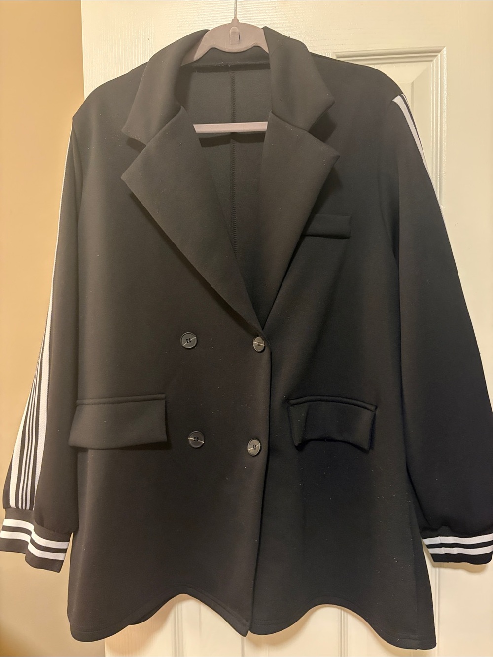 Black Double-Breasted Women's Blazer Jacket with Stripe Sleeve